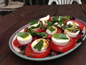 Tomato, fresh mozzarella, and basil salad.