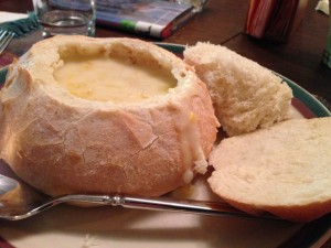 corn chowder in a bread bowl.